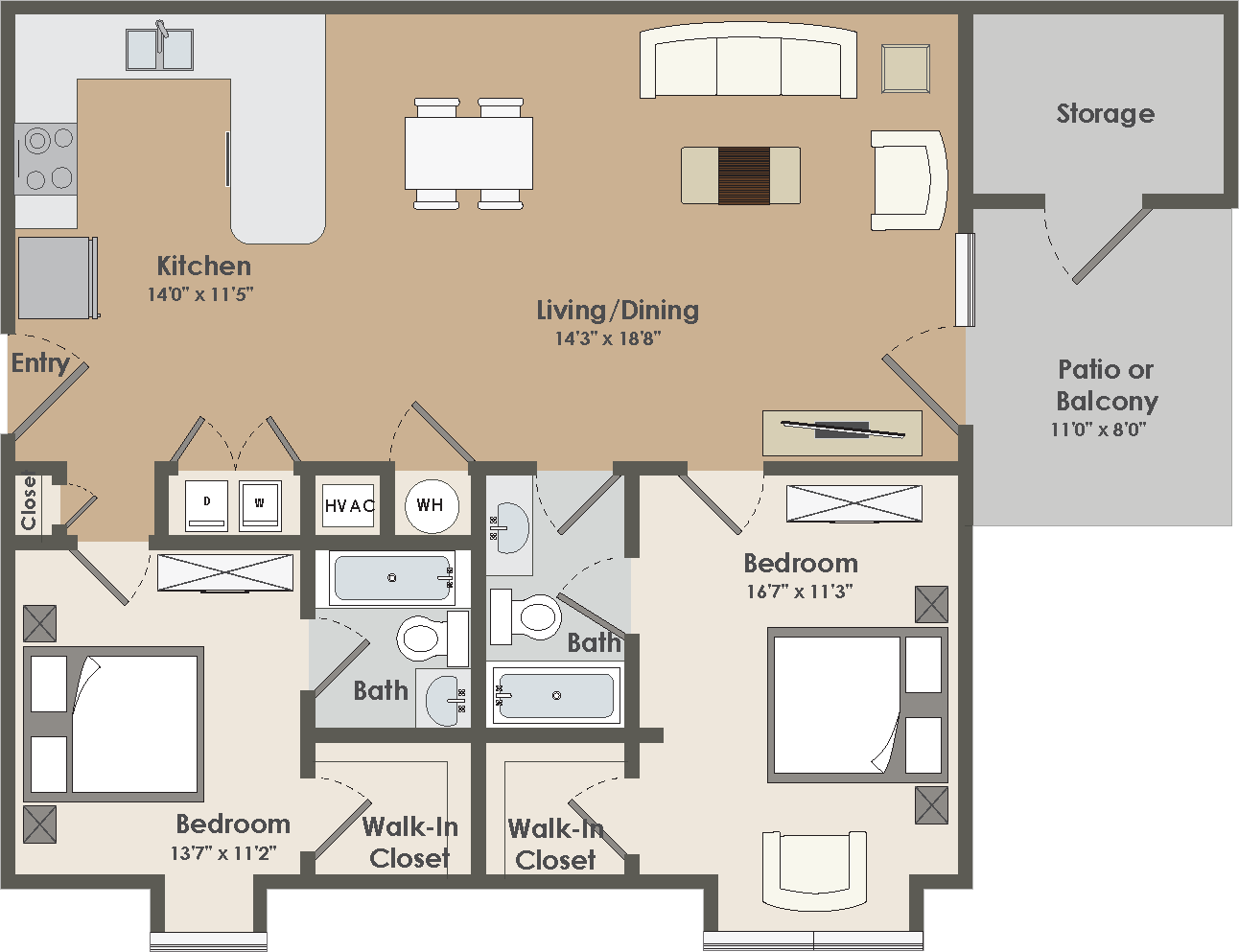 Floor plan for 2 beds, 2 baths, 1100 sqft